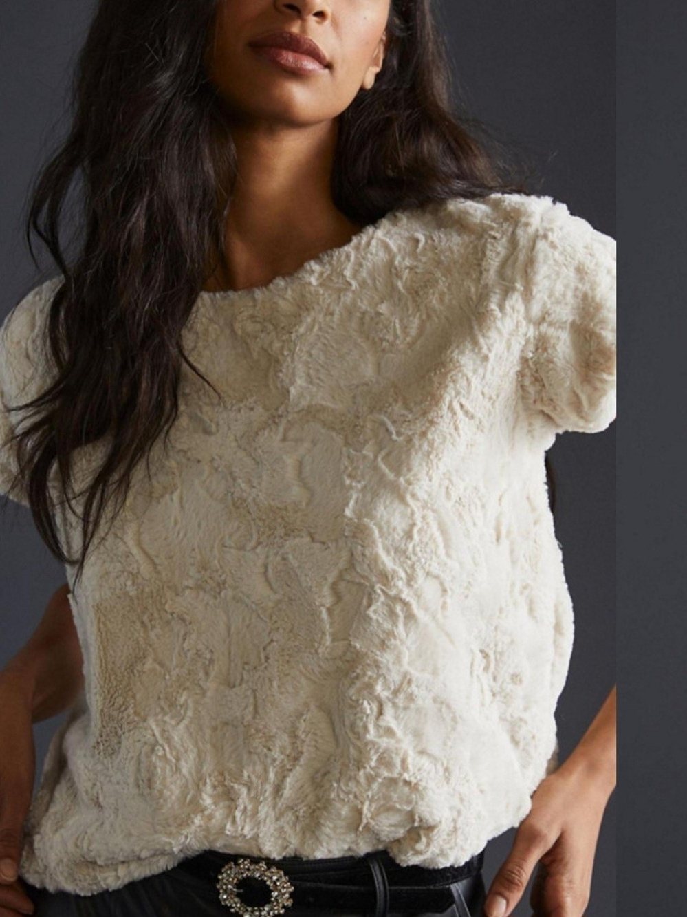 Anthropologie Maeve Faux Fur Tee Cream Textured Plush Top